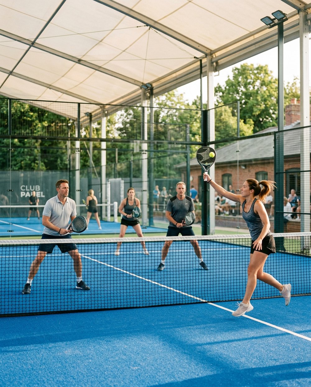 Four people playing padel on an indoor court