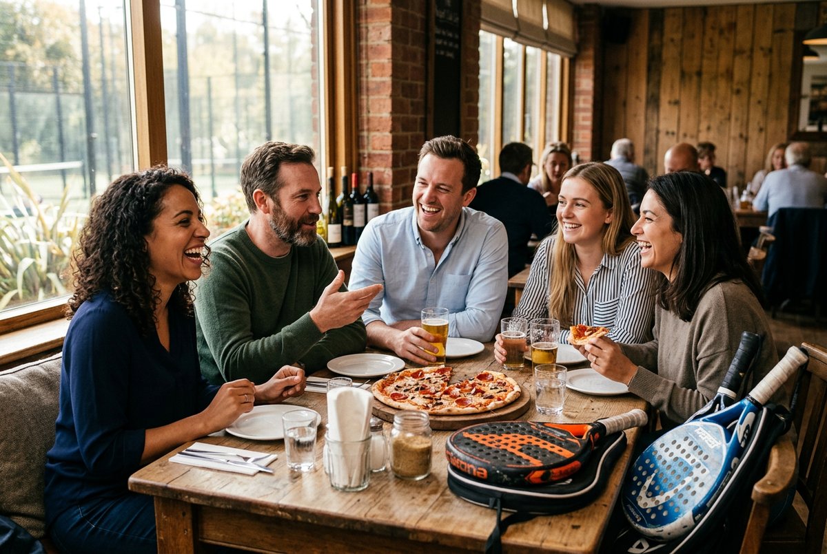A group sharing pizza and conversation at the clubhouse after padel